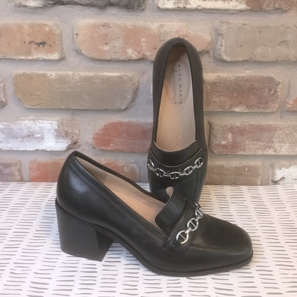 ALEX MARIE Women's FARIN Black Leather Chunky Stacked Heel Chain Loafer Pumps 9 - Picture 3 of 6